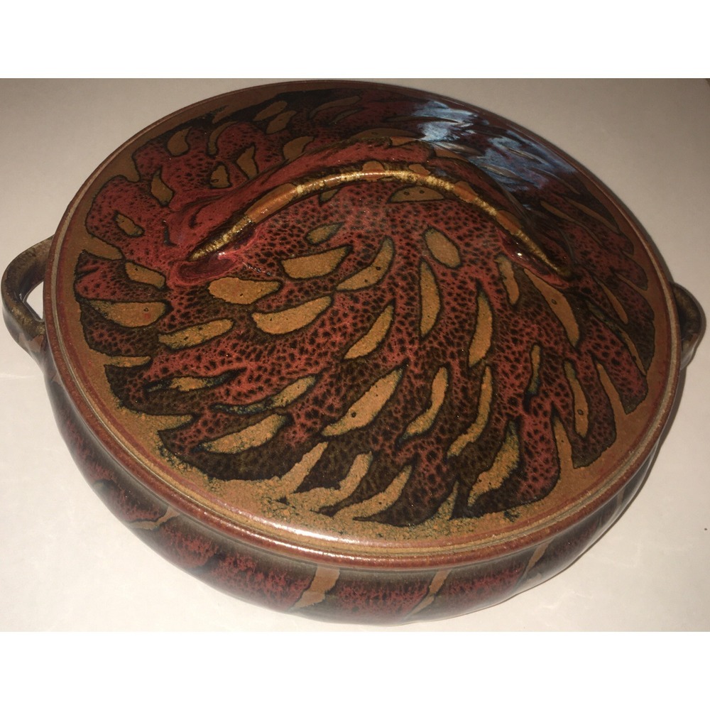 Vintage Studio Pottery Casserole Dutch Oven Pot Lid Signed 12" Brown Red